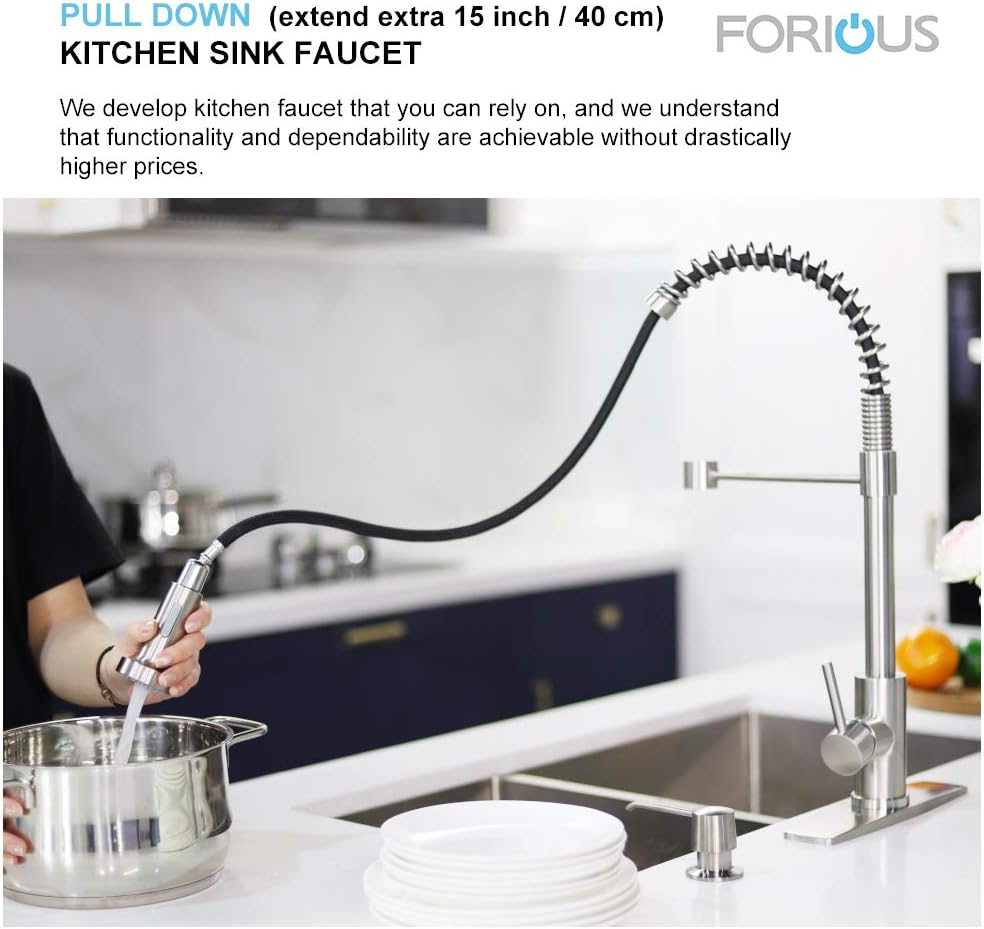 FORIOUS Kitchen Faucet with Pull Down Sprayer, Commercial Spring Kitchen Sink Faucet with Pull Out Sprayer, Single Handle Kitchen faucets with coved Plate, Brush Nickel - - 