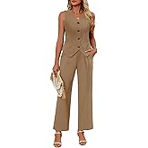 Ficerd Women's 2 Piece Outfits, Sleeveless Cotton Suit Vest and Wide Leg Pant Summer Business Casual Button V Neck Blazer Set(Khaki,Small)