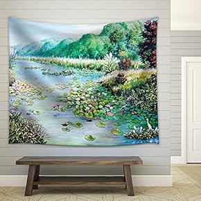 White and Red Lotus in The River of Oil Painting - Fabric Wall Tapestry Home Decor - 51x60 inches