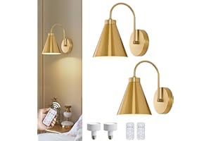 Powfloven Vintage Cordless Gooseneck Battery Operated Wall Sconces Set of 2, Gold Bedside Battery Powered Wall Decor Lamps with Remote Control, Wireless Indoor LED Lights Fixture for Bedroom Hallway