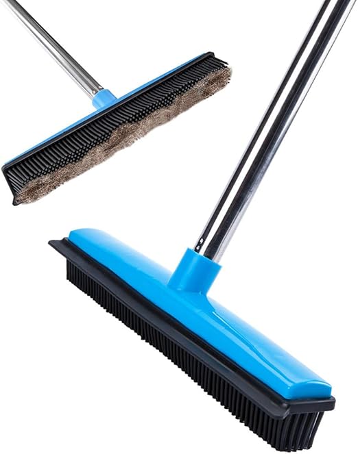 MEIBEI Rubber Broom with Squeegee, MultiSurface Rubber Bristles Brush