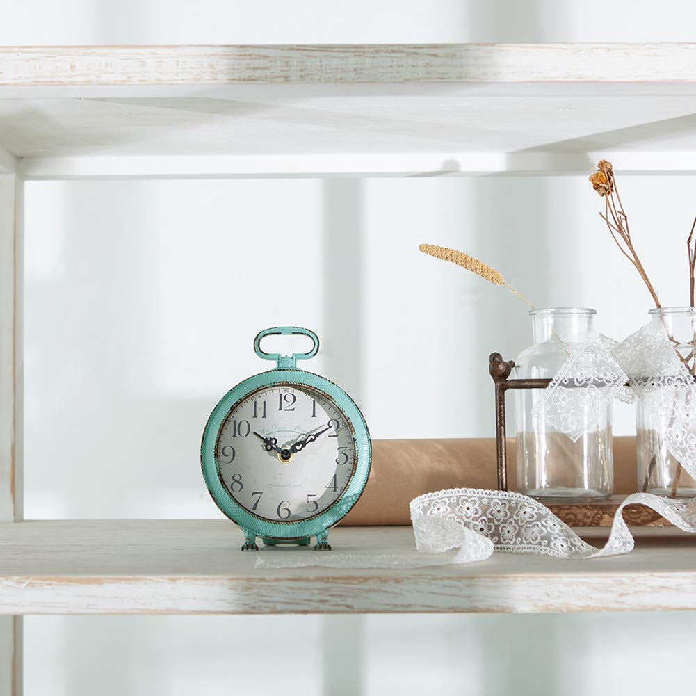 NIKKY HOME Table Clock Vintage Metal Round Desk Clock with Handle and Dragon Feet Stand for Home Living Room Bedroom Decor 5.6'' by 2.2'' by 7.5'', Distressed Aqua Blue
