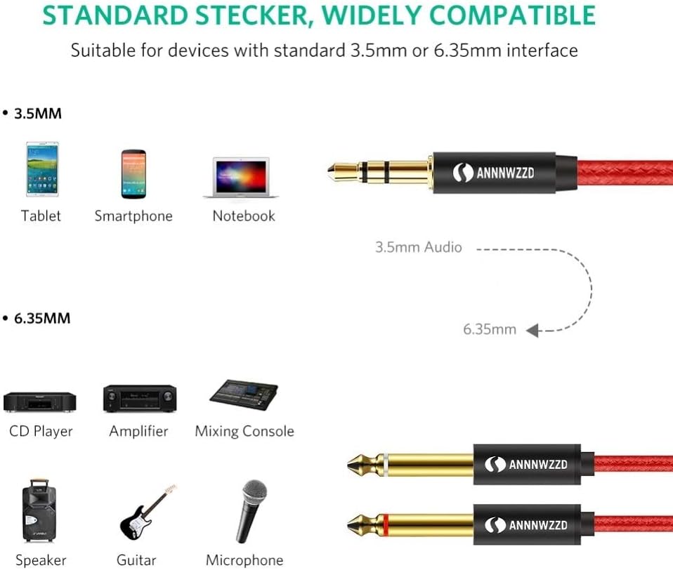 LinkinPerk 3.5mm 1/8" TRS Male to 2X 6.35mm 1/4" TS Male Mono Stereo Y-Cable Splitter Compatible for Home Stereo Systems,Laptop,Amplifier,Mixer Audio Recorder，MP3,etc (2M)(6.6ft): Industrial & Scientific