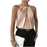 SweatyRocks Women's Pleated Halter Sleeveless Satin Blouse Keyhole Back Tank Top