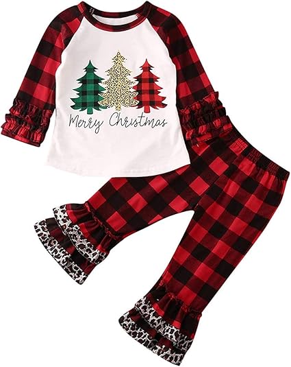 Amazon Co Jp 幼児 赤ちゃん 女の子 クリスマス衣装 メリークリスマスツリー シャツトップス 赤格子柄ヒョウ柄ベルボトムパンツ 冬服セット 服 ファッション小物