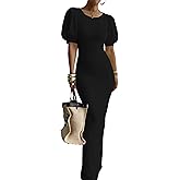 Nimsruc Women's Bodycon Maxi Dress Round Neck Puff Short Sleeve Cocktail Long Dresses for Wedding Prom Party Vacation 2026