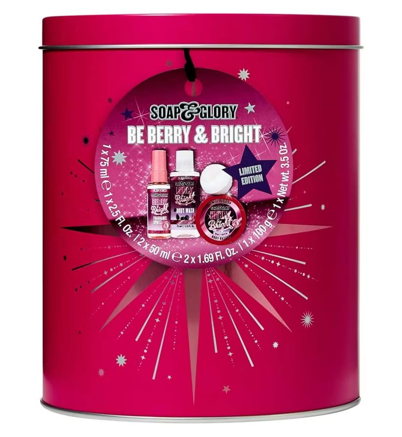 Soap & Glory Be Berry and Bright 4-Piece Gift Set - Body Butter, Shower Gel, Hand Cream, Lip Balm - Perfect for Gifting, Luxurious Skincare, Berry Scented Moisturizing Essentials