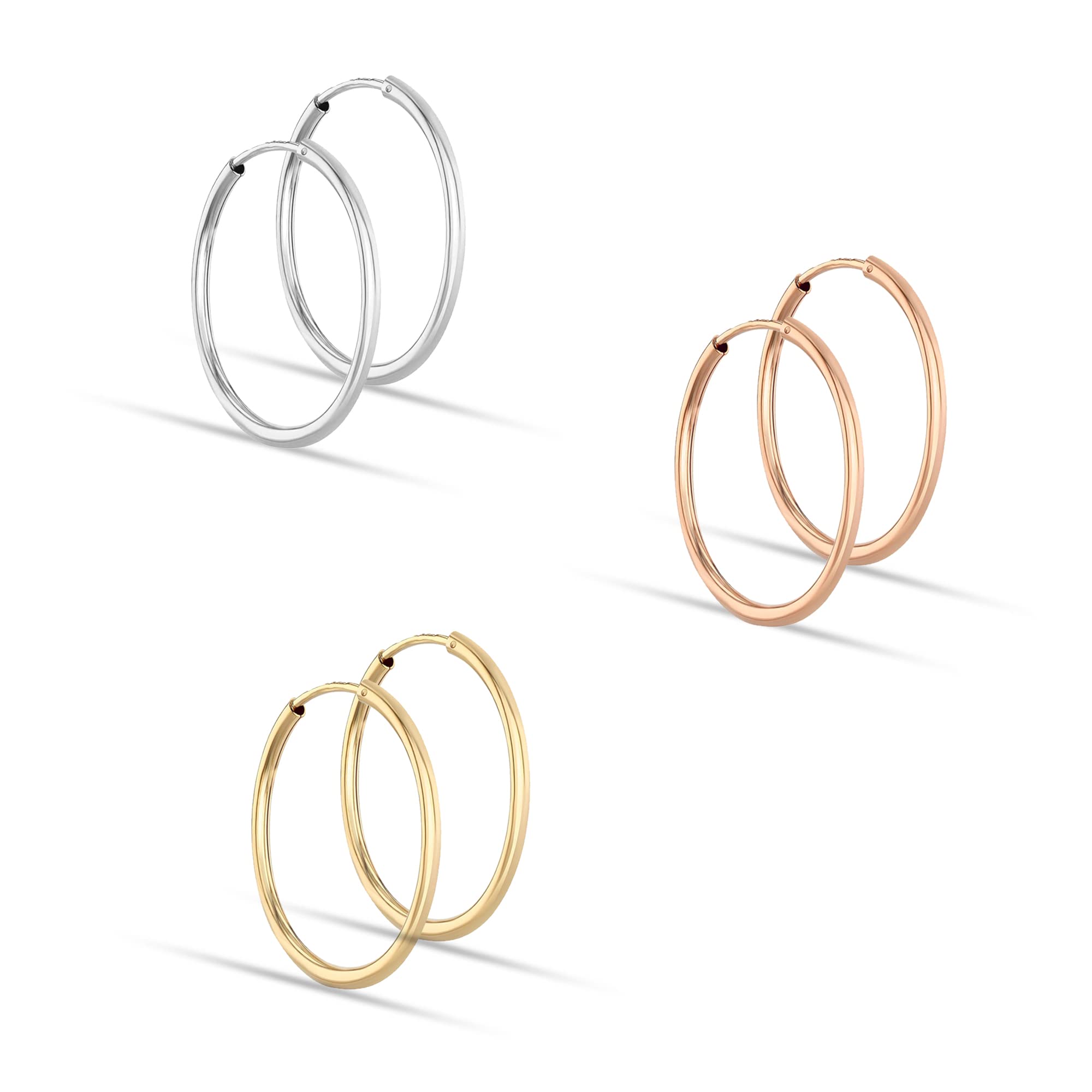 LeCalla 925 Sterling Silver Set of 3 Pairs Endless 3 Colors Sleeper Hoop Earrings for Teen Women 20MM