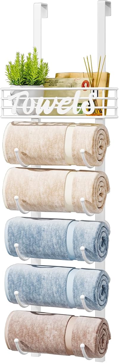 HapiRm Over Door Towel Rail 6-Tier Wall Mount White with Shelf