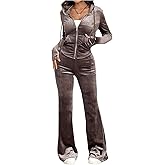 MakeMeChic Women's 2 Piece Fall Velvet Outfits Long Sleeve Zip Up Drawstring Jacket and Flared Leg Pants Set