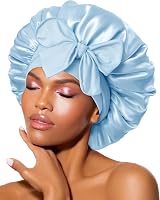 BONNET QUEEN Silk Bonnet for Sleeping Curly Hair Adjustable Light Blue Medium