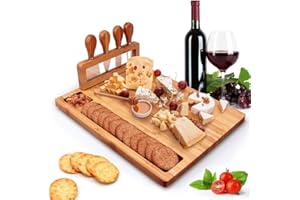Cheese Board and Knife Set - Bamboo Charcuterie Board, Wooden Cheese Tray and Plate - Perfect for Housewarming, Wedding, Birt