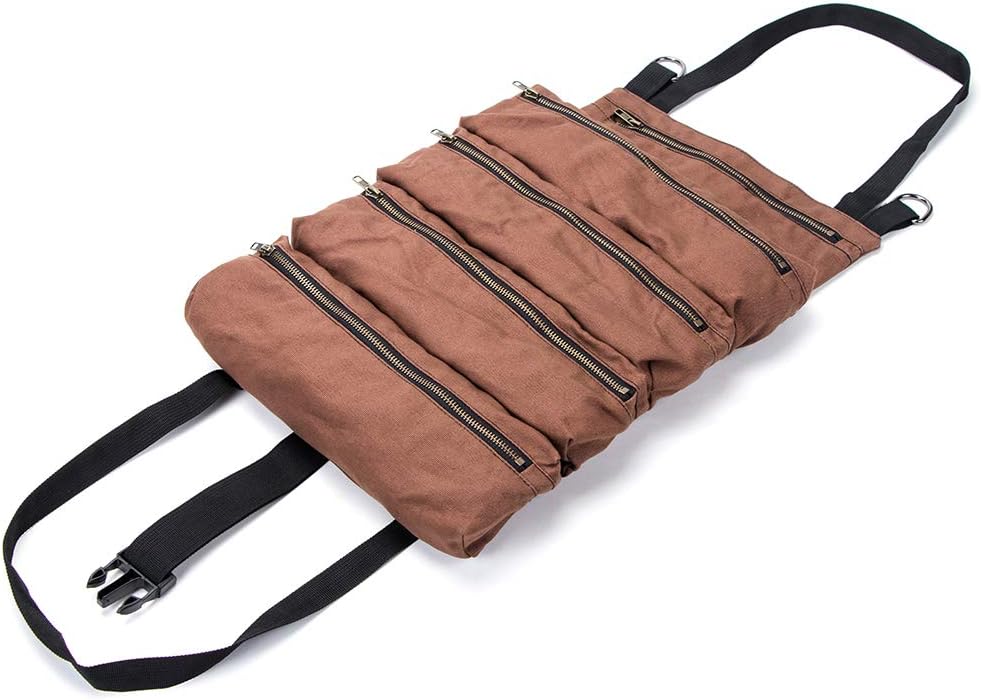 Super Tool Roll, Large Wrench Roll, Big Tool Roll Up Bag, Waxed Canvas Tool Organizer Bucket, Tool Roll Up Pouch, Handy Small Tools Tote Carrier, Tool Pouch Sling, Car Back Seat Organizer (Khaki) - - 
