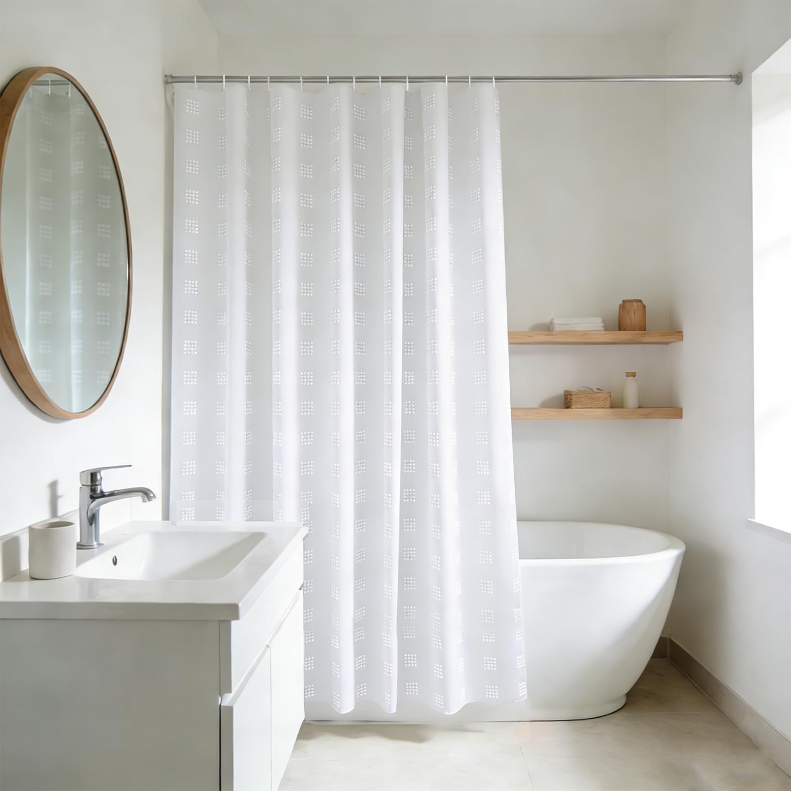 YISURE White Textured Shower Curtain 200 Drop for Bathroom Tub, Waterproof Fabric Shower Curtain with Plastic Hooks 71" W x79 L /180x200cm