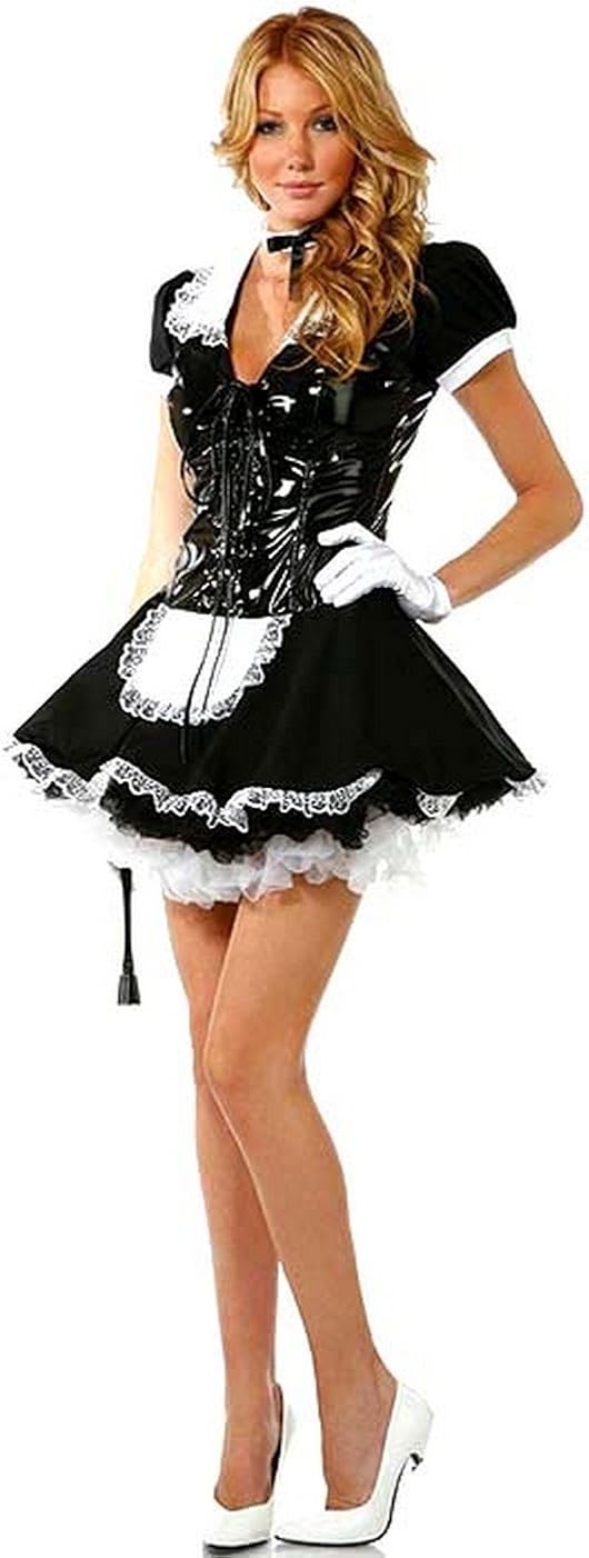 Ladies Flirty French Maid Uniform Fancy Dress Costume with PVC Lace Up