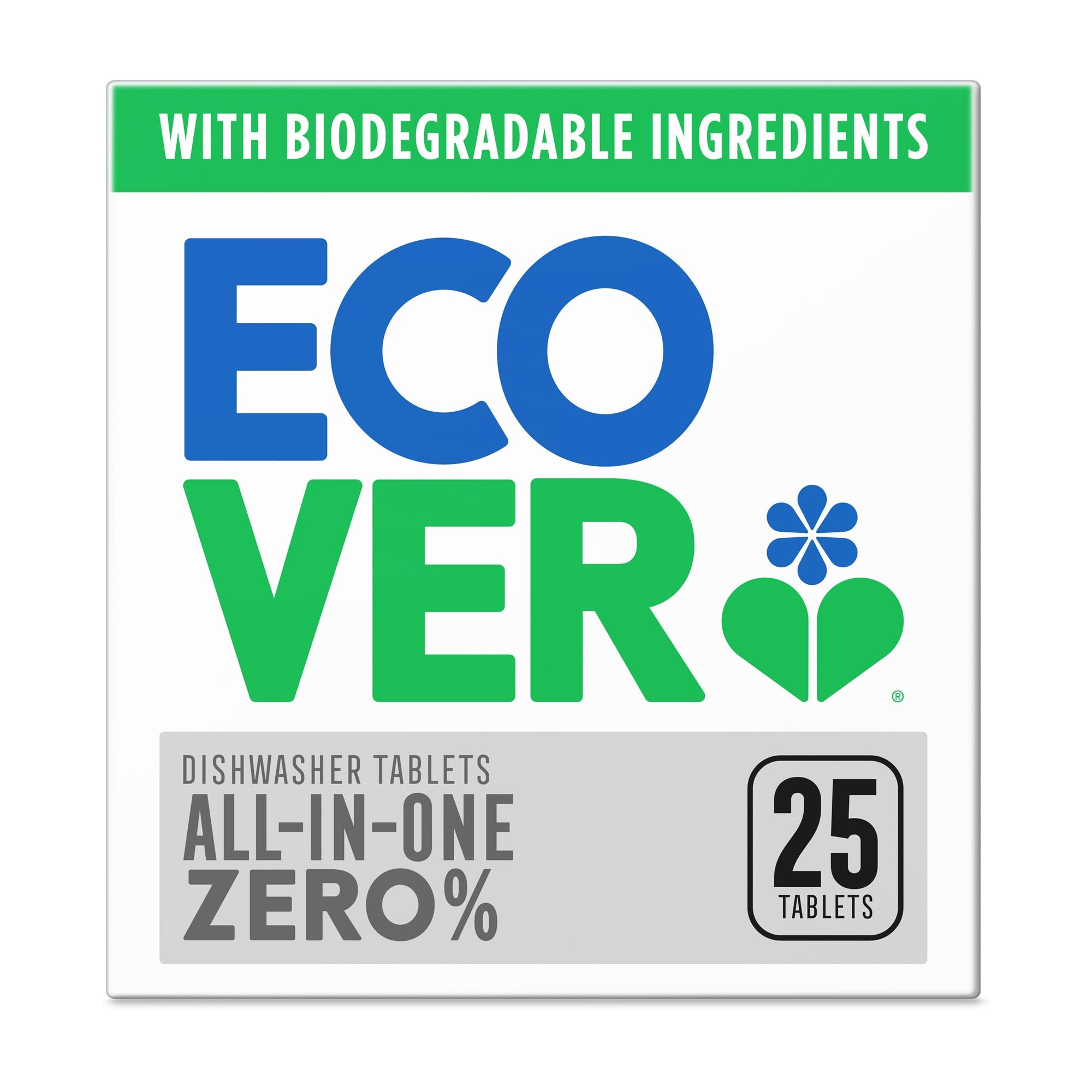 Ecover Zero Dishwasher Tablets, Contains Salt & Rinse Aid, Powerful Cleaning, Pack of 1, 25 Tablets