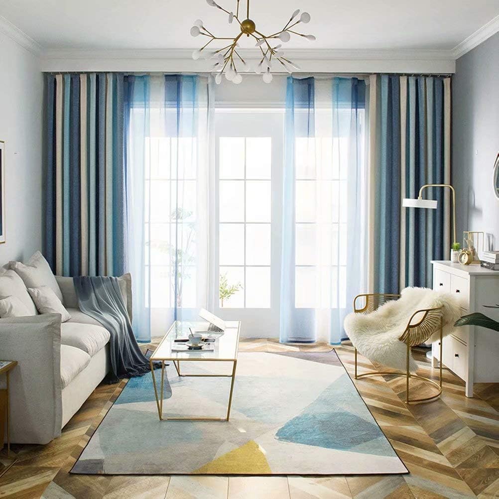 Leadtimes Blue Thermal Blackout Curtains For Living Room 102 Inch Length Gradient Stripe Room Darkening Decorative Panels Linen Grommet Top Drapes