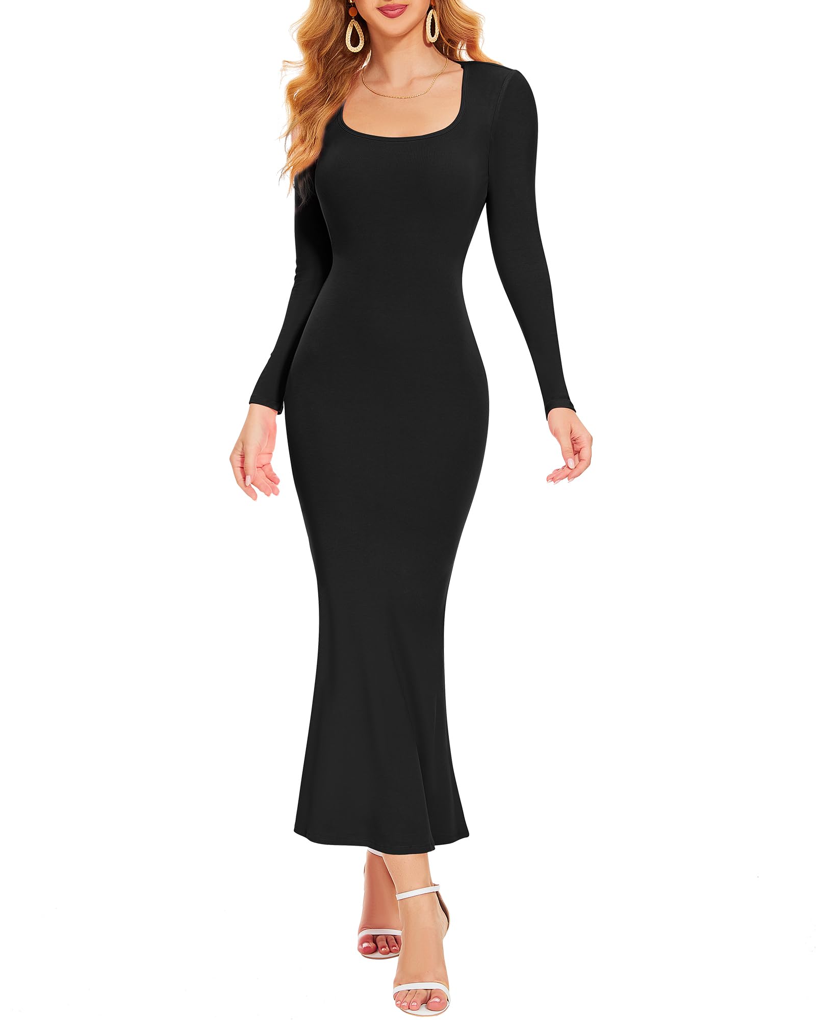 Photo 1 of ***RUNS SMALL*** Women Long Sleeve Bodycon Maxi Dress 2024 Square Neck Casual Tight Evening Party Elegant Wedding Guest Formal Mermaid Dresses