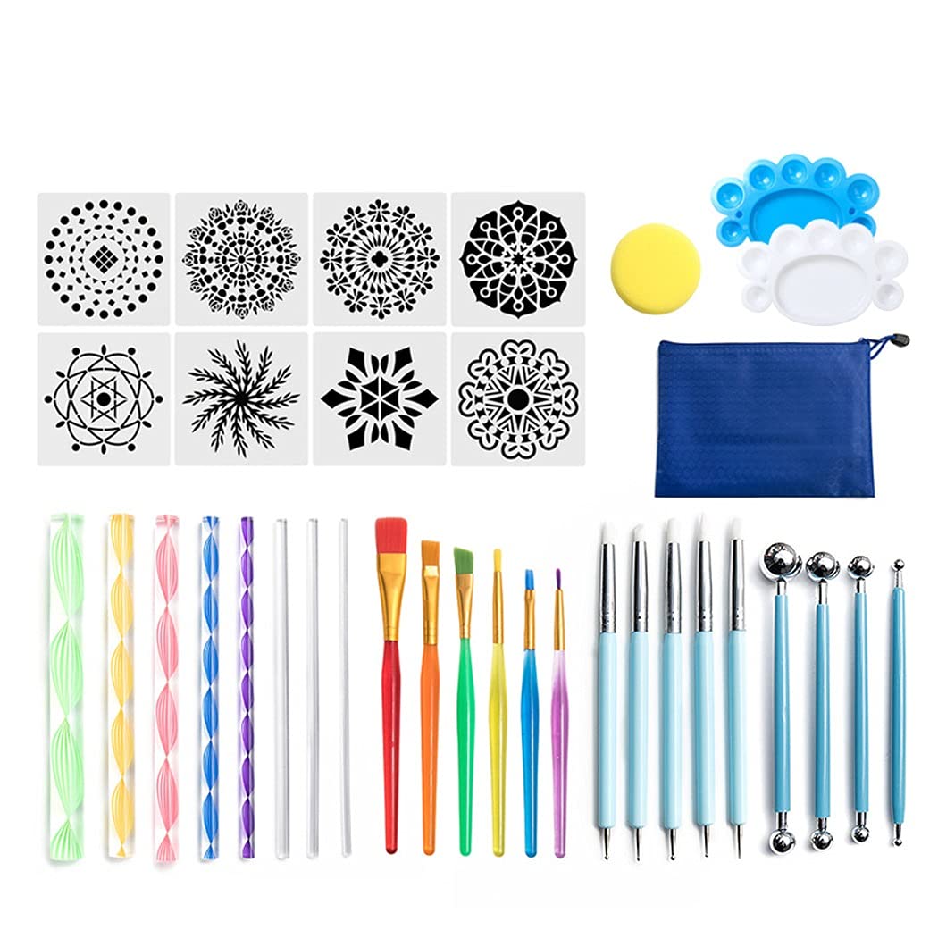 SIPLIV Mandala Dotting Tools Set Mandala Stencil Ball Stylus Brush Acrylic Rod Paint Tray Set for Rocks Fabric Wall Nail Art Painting Coloring Drawing Drafting - 35 PCS
