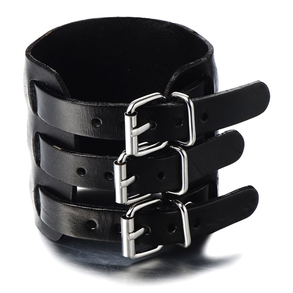 COOLSTEELANDBEYOND Extra Wide Mens Leather Bracelet Genuine Black Leather Bangle with Three Buckle Clasps — image 1