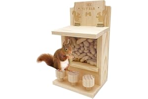 Wooden Squirrel Feeder,Durable Box Easy to Fill,Squirrel Feeders for Outside with Corn Cob Holder and Round Stool,Wood Waterp
