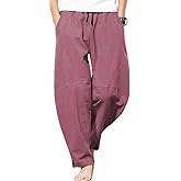 GUDEUBAI Men's Casual Cotton Linen Pants Elastic Waist Drawstring Beach Summer Lightweight Trousers