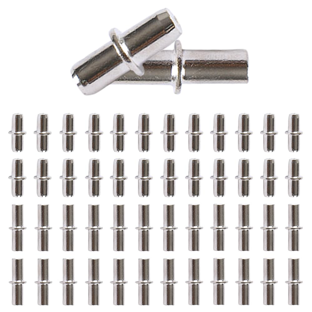 TRKETK 50 Pcs Shelf Support Pegs, Metal Shelf Pegs Push in Cupboard Shelf Pegs 5mm Stud Bookcase Pegs Nickel Plated Shelf Bracket Pegs Pins for Office Furniture Kitchen Bookcases Wardrobe