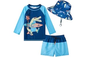SWMSTUPF Toddlers Baby Boys' 3-Piece Rashguard Set Kids Bathing Suit Set with Hat UPF 50+
