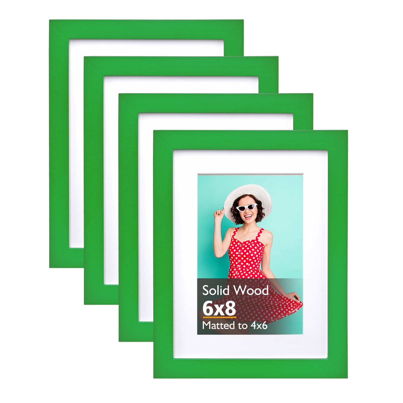 KINLINK 6x8 Picture Frame Grass Green, Solid Wood Frames with Acrylic Plexiglass for Pictures 4x6 with Mat or 6x8 without Mat, Tabletop and Wall Display Photo Frame, 4 Pack