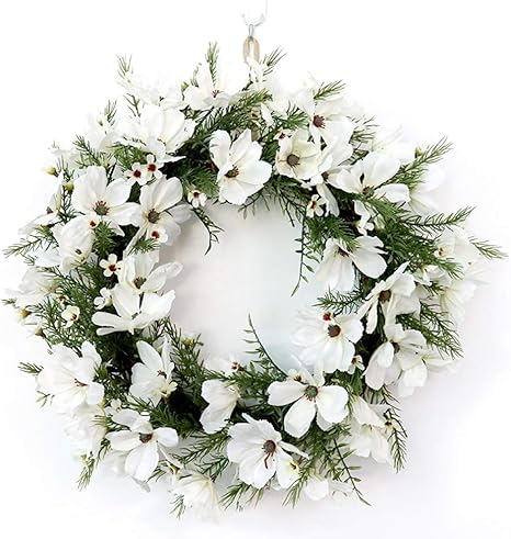 Amazon Co Jp クリスマスリース 白い花と緑の葉 正面玄関の装飾 フック付き人工植物丸飾り 36 Cm B ホーム キッチン