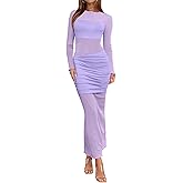Ekaliy Women's Sexy Mesh Dress Long Sleeve Mock Neck Bodycon Sheer Ruched Maxi Dress Party Cocktail Dresses