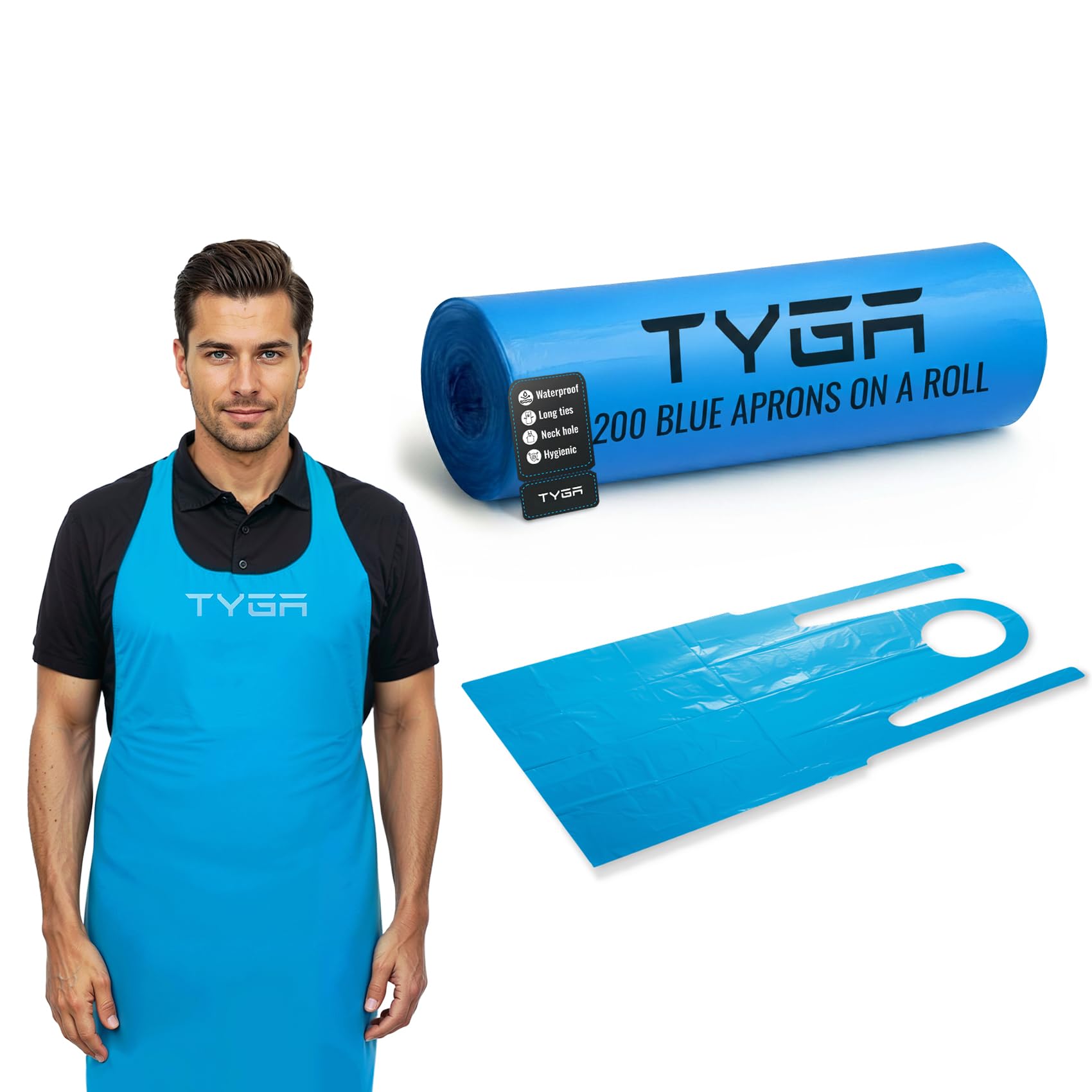 TYGA Store | 200 Disposable Blue Aprons on a Roll - Easy Dispense Apron for Medical, Cleaning, Painting, Hairdressers, Baking & Chefs - PPE (Blue) (Roll of 200)