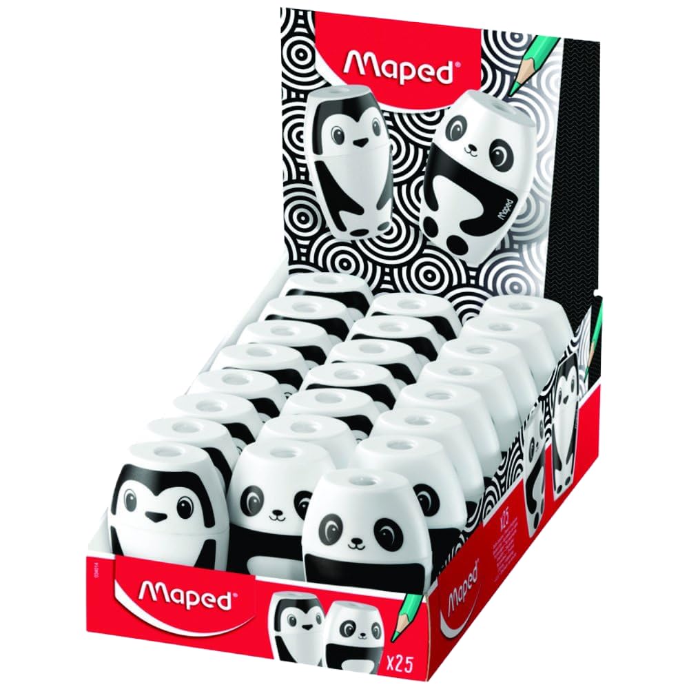 Maped - School Material - Shakky Pencil Sharpener - Display Stand with 25 Pencil Sharpener with Reservoir - Have 1 Hole for Sharpening - Large Reserve Capacity - Luxury Panda and Penguin Designs