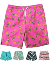 INGEAR Little Boys Quick Dry Beach Board Shorts Swim Trunk Swimsuit Beach Shorts with Mesh Lining (Pink Pineapple, 12/14)