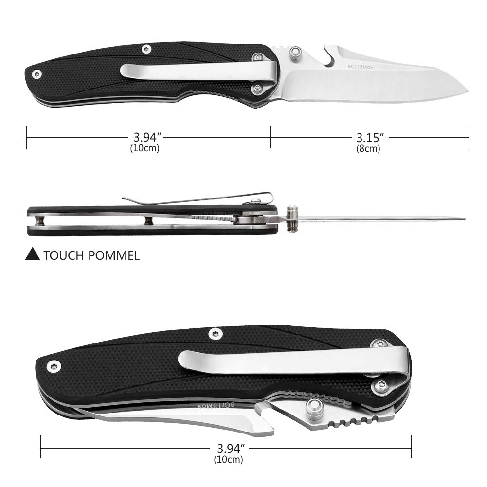 Folding Pocket Knife with 3.15” 8Cr13MoV Stainless Steel Blade, G-10 Handle, Liner Lock, Bottle Opener, Belt Clip EDC Tactical Knife Perfect for Outdoor Hunting Camping Everyday Carry