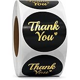 500 Thank You Stickers Roll – 1.5 Inch Black and Gold Foil Round Labels – Elegant Thank You Stickers Small Business Packaging, Envelopes, Gift Bags, Orders, Party Favors, Crafts