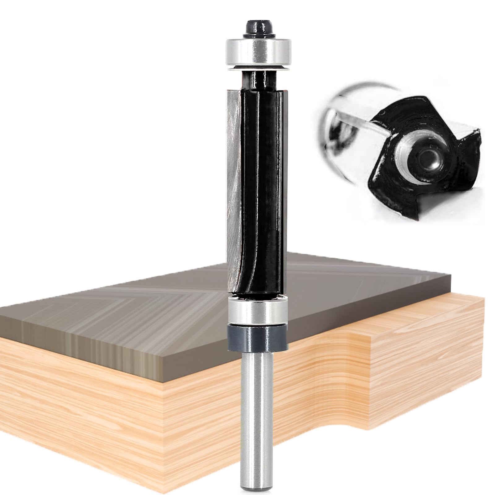 Akylin Flush Trim Router Bits 1/4 Inch Shank - Top and Bottom Bearing Template Router Bit, 3-Flute 1/2" Cut Dia, 1-1/2" Cut Length, for Trimming Laminate Counter Tops and Doing Pattern Work — image 1