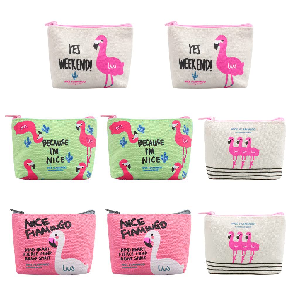 Dadabig 8 PCS Flamingo Coin Purse, Flamingo Handbag Cute Canvas Coin Purse Coin Zip Purse Zipper Wallet Pouch Canvas Change Cash Bag with Zipper for Cards, Keys, Cash, 4 Styles