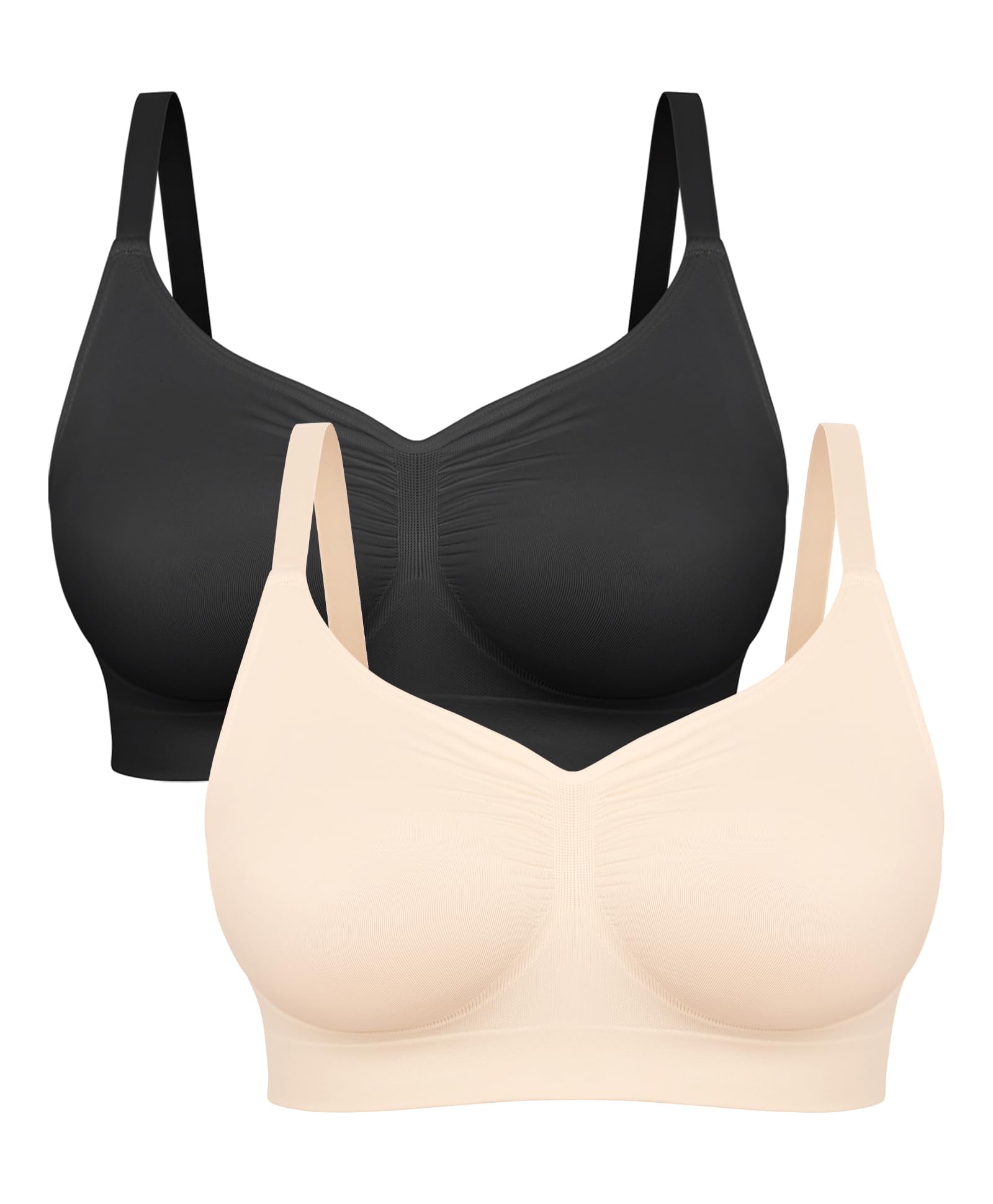 Photo 1 of FeelinGirl Bralettes for Women Supportive Comfortable Bras Wireless Seamless Everyday Bras 2-Pack (Black/Beige, Large)