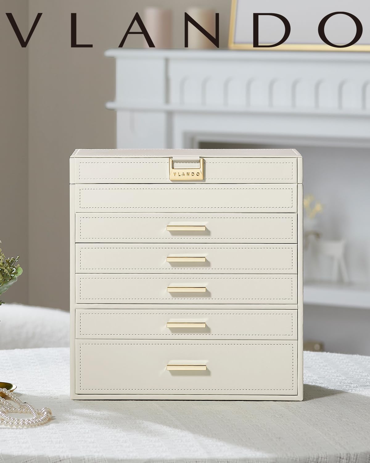 Vlando 6 Layer Large Jewelry Box - Jewelry Holder Organizer, Jewelry Box Organizer for Drawer Necklace Ring Bracelet and Watch, Birthday Gift for Loved Ones - Beige