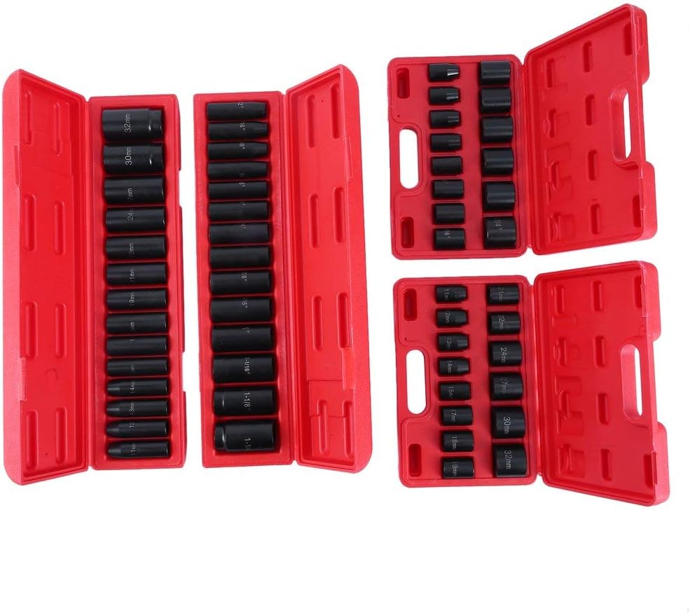 1/2-Inch Drive Deep Impact Socket Set, CATUO Metric & Inch 1/2" Drive 12-Point DEEP/SHALLOW Impact Socket Set | 11 mm - 32 mm, 3/8-Inch - 1-1/4-Inch | 4 x 14-Sockets