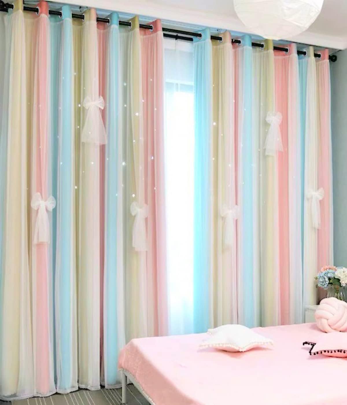 Yancorp Curtains for Girls Bedroom Kids Room Rainbow Curtains Nursery Curtain 63 inches Length Grommet Rainbow Color Decor for Playroom (Baby Pink Blue, W52 X L63)