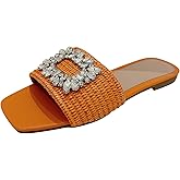 LVOMU Women's Rhinestones Weave Wide Width Flat Slides Sandals Fashion Comfortable Open Toe Slip On Summer Walking Slippers for Indoor Outdoor Beach Daily Wear