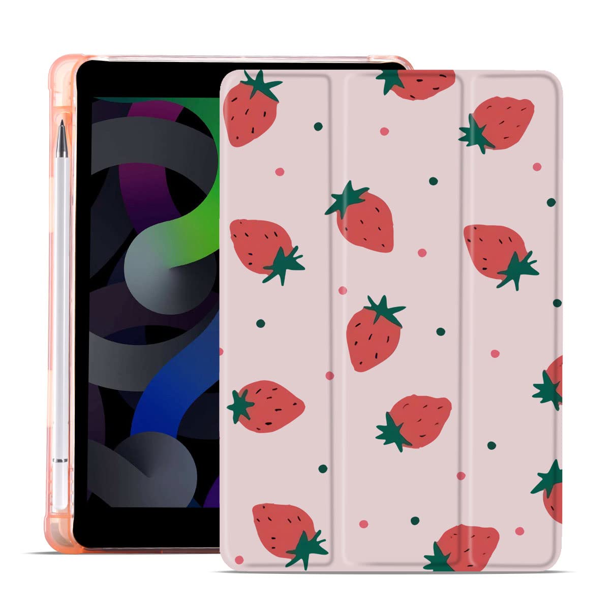 MAYCARI Strawberry iPad Air 4 Case with Pencil Holder, Support Auto Sleep/Wake, Soft TPU Back Protective Case for iPad 10.9 inch 2020 — image 1