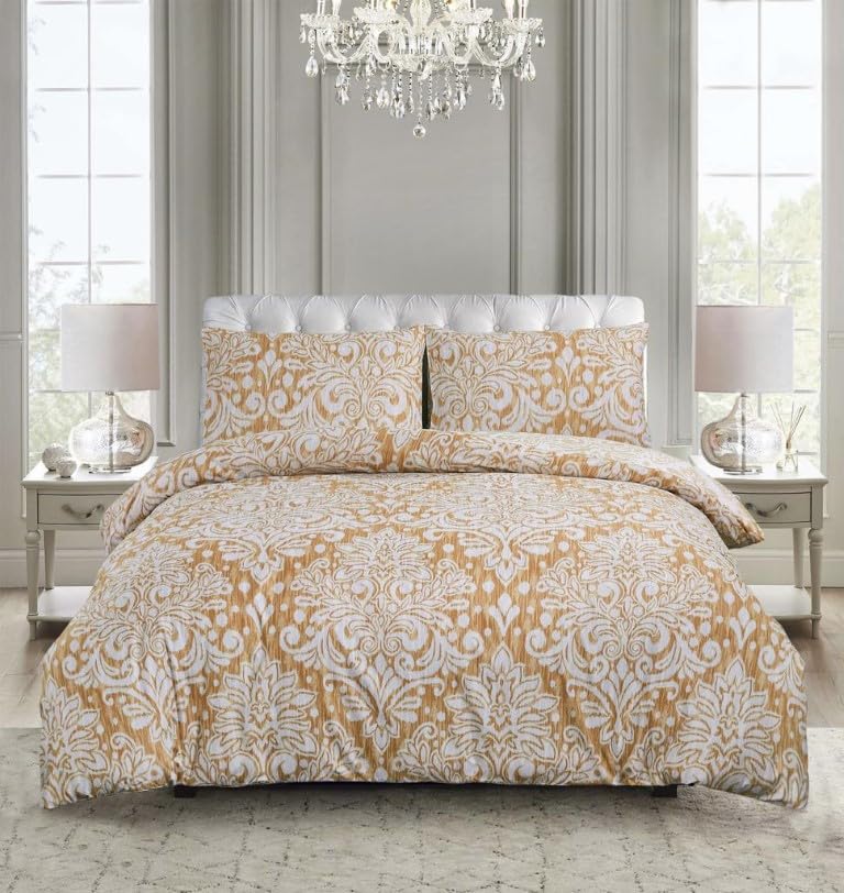PRIME LINENS Duvet Cover Set 3 Pcs Brushed Microfibre Quilt Cover Bedding Set With Pillow Cases and Extra Fitted Sheet Included (Royal Damask Gold, Single)