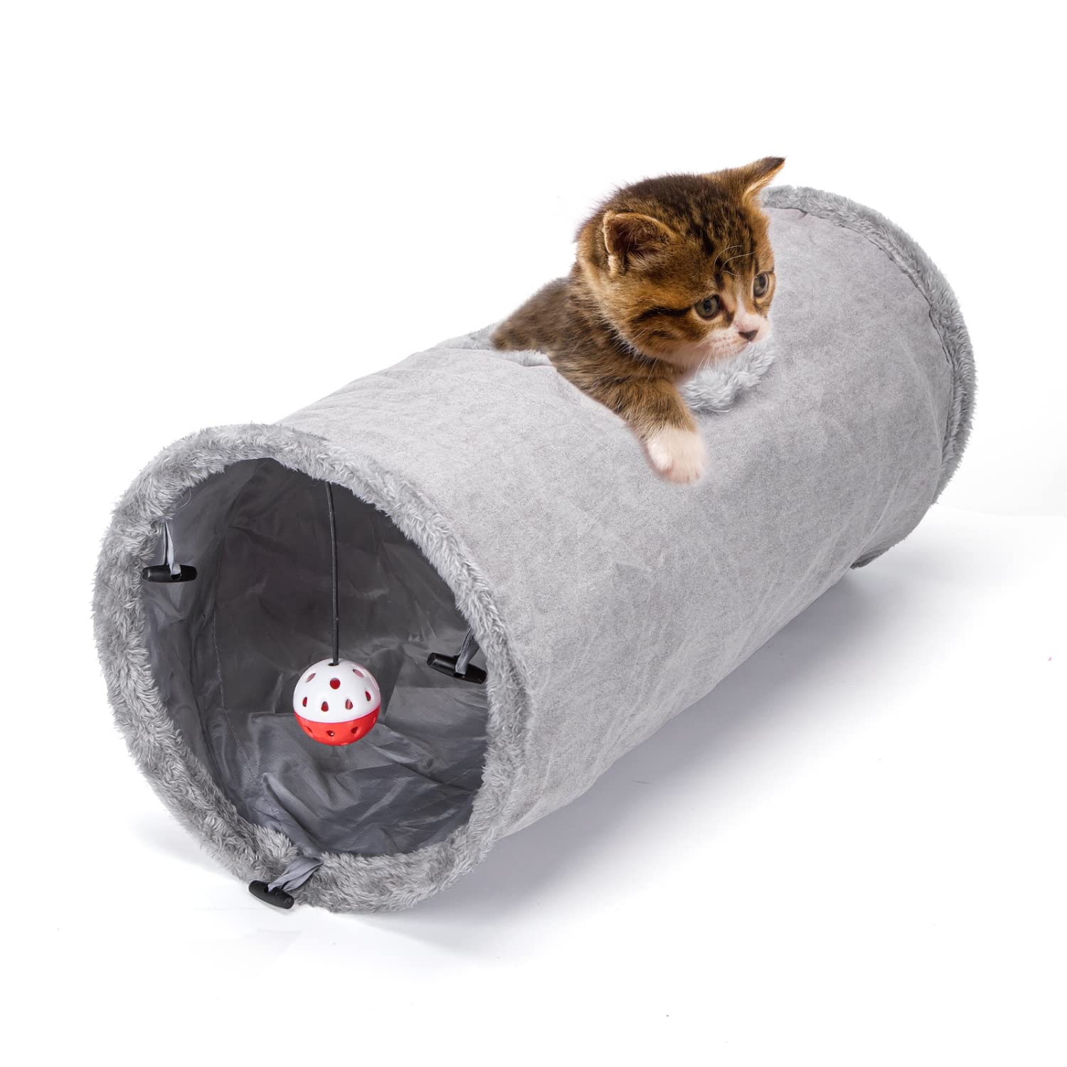 Nobleza Suede Collapsible Cat Tunnel with Suspended Ball and Peek Hole Crinkle Sound for Cats and Rabbits, D25*L60cm, Gray