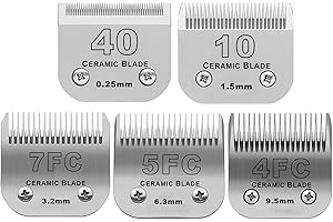 DODAER Size 40/10/7F/5F/4F Detachable Pet Dog Grooming Clipper Ceramic Blades Set,Compatible with Andis,Oster A5,Wahl KM10 Series Clippers,Cut Length 1/100"(0.25mm) to 3/8"(9.5mm),5 Pack