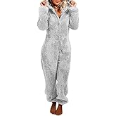 MUMUBREAL Womens Fleece Onesies Pajamas Jumpsuit Warm Sherpa Romper Sleepwear One Piece Zipper Hooded Playsuit Loungewear