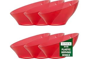 bUCLA 12 Pack Clear Red Plastic Serving Bowls - 20 OZ Christmas Angled Serving Bowls Disposable for Chip, Candy, Salad & Fruit - Ideal for X’mas Party