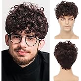 Tseses Brown Curly Men Wigs Afro Short Layered Synthetic Hair Fluffy Daily Cosplay Costume Halloween Wig